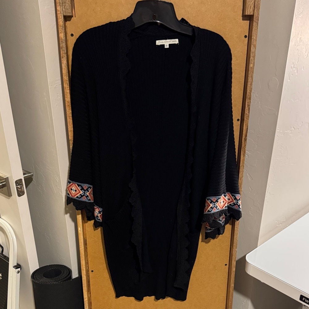 Johnny Was Black Cardigan with Colorful Embroidery